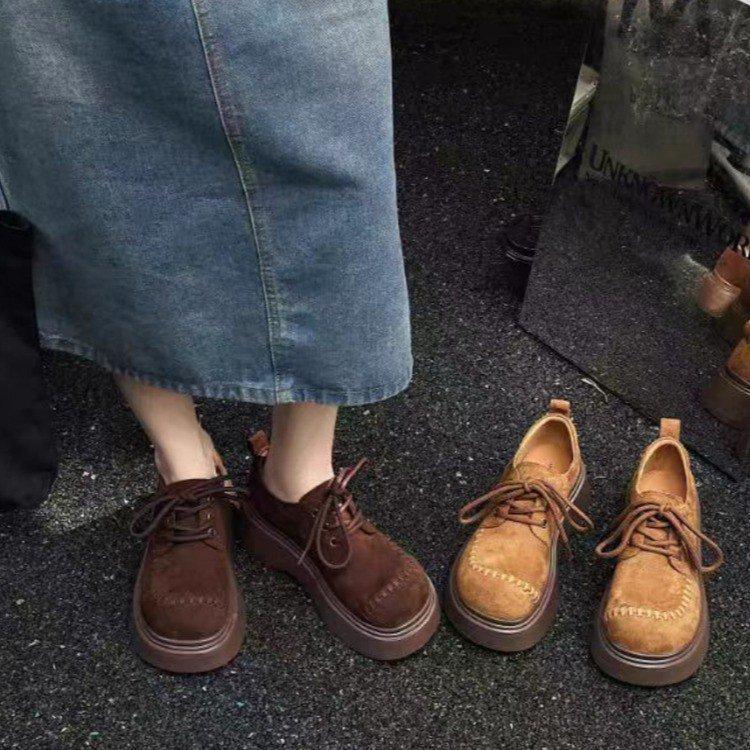 Muffin Platform Loafers Women's Autumn 2025 New Versatile Lace-up Retro Small Man Height-increasing Single Shoes Women