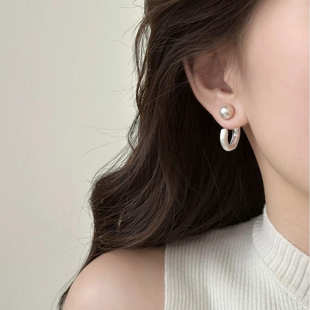 Elegant French Pearl C-Shaped Two-Way Wear Earrings - Silver Brushed Studs, Cool  Chic Style