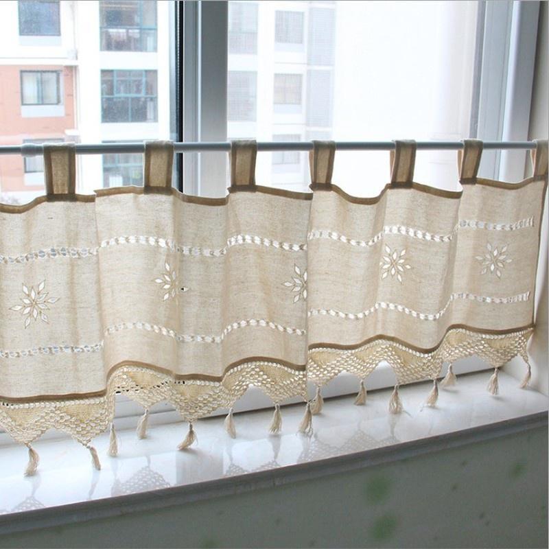 Závěsy do oken ve venkovském stylu Kuchyňské lněné vyšívané závěsy Závěsy Volány Bytová dekorace(Tyč není součástí)