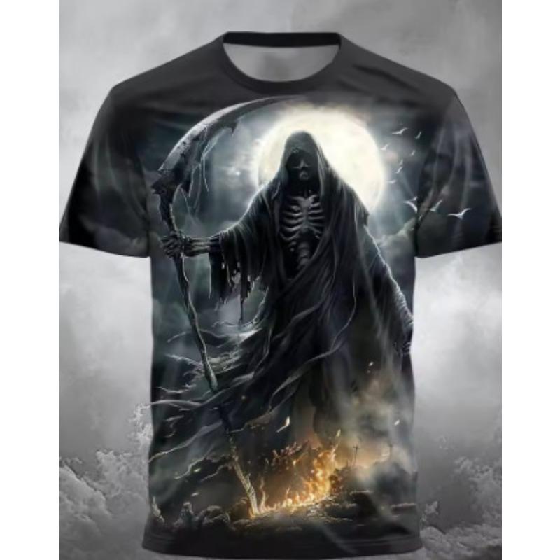Summer Round Neck 3D Grim Reaper Skull Print Top Fashionable Casual Short Sleeved Men's T-shirts