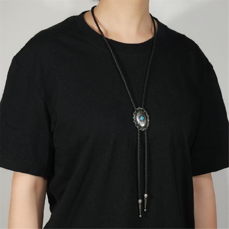 Turquoises Flower Pendant Bolo Tie Necklace For Men Women Cowboy Adjustable Leather Cord Necktie Casual Evening Wear