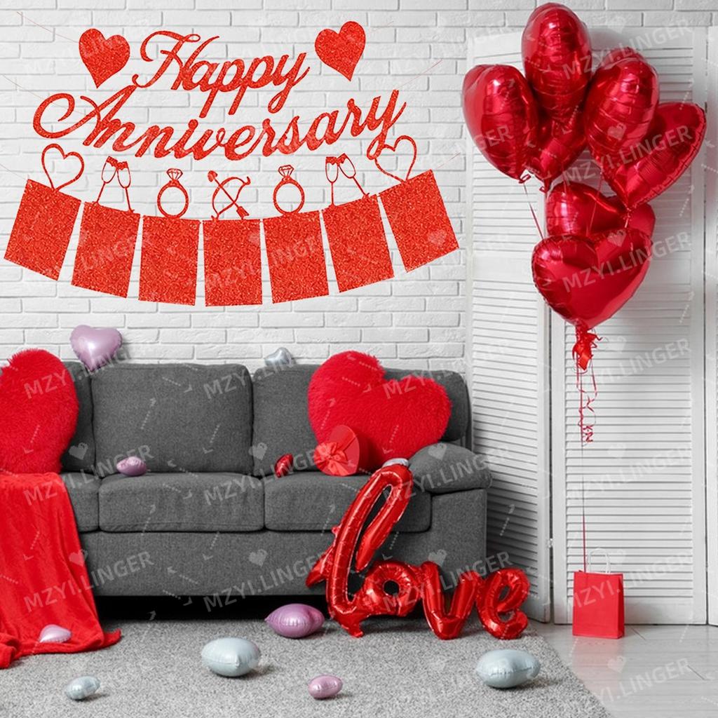 Anniversary Decoration Happy Anniversary Banner and Red Heart Balloon, Valentine's Day Banner, Used for Anniversary Decoration