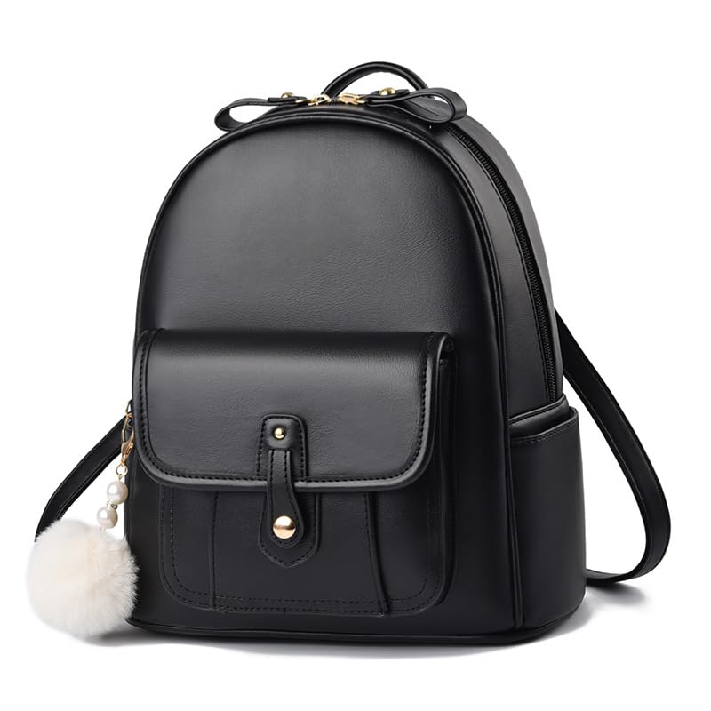 

YUNAGI Women s Small Backpack, Large Capacity, Water-Repellent Leather, Stylish, Cute, Popular Backpack for School or Commuting, Black, Solid Color