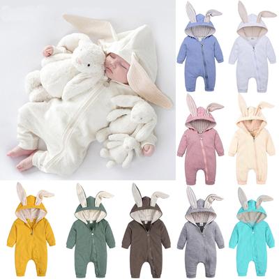 Unisex Infant Baby Kids Cute Rabbit Ear Hooed Romper Solid Color Long Sleeve Zipper Warm Jumpsuit Boys Girls