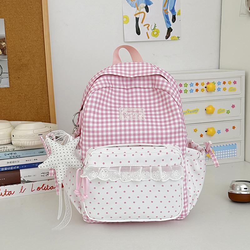 Schoolbag Milk Fufu Plaid Corrugated Lace Heart Travel Small Backpack Sweet Wind Student Party Big Sweet Bag
