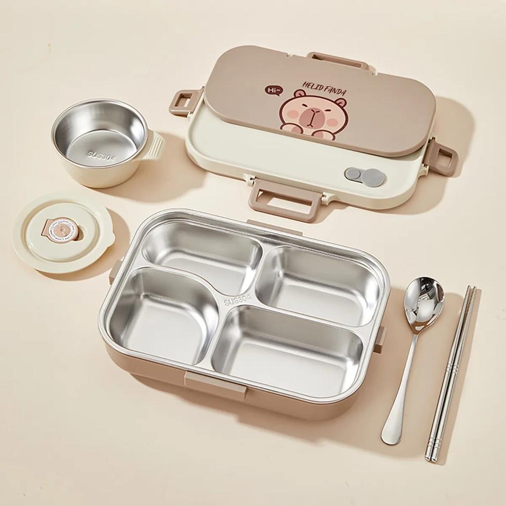 304 Stainless Steel Bento Box with Bowl Cutlery Large Capacity Divided Food Storage Container Sealed Lunchbox for Kids School