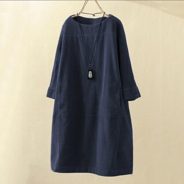 Women Thick Dresses Woman Spring Autumn Corduroy Retro Solid Dress Plus Size Loose Dress