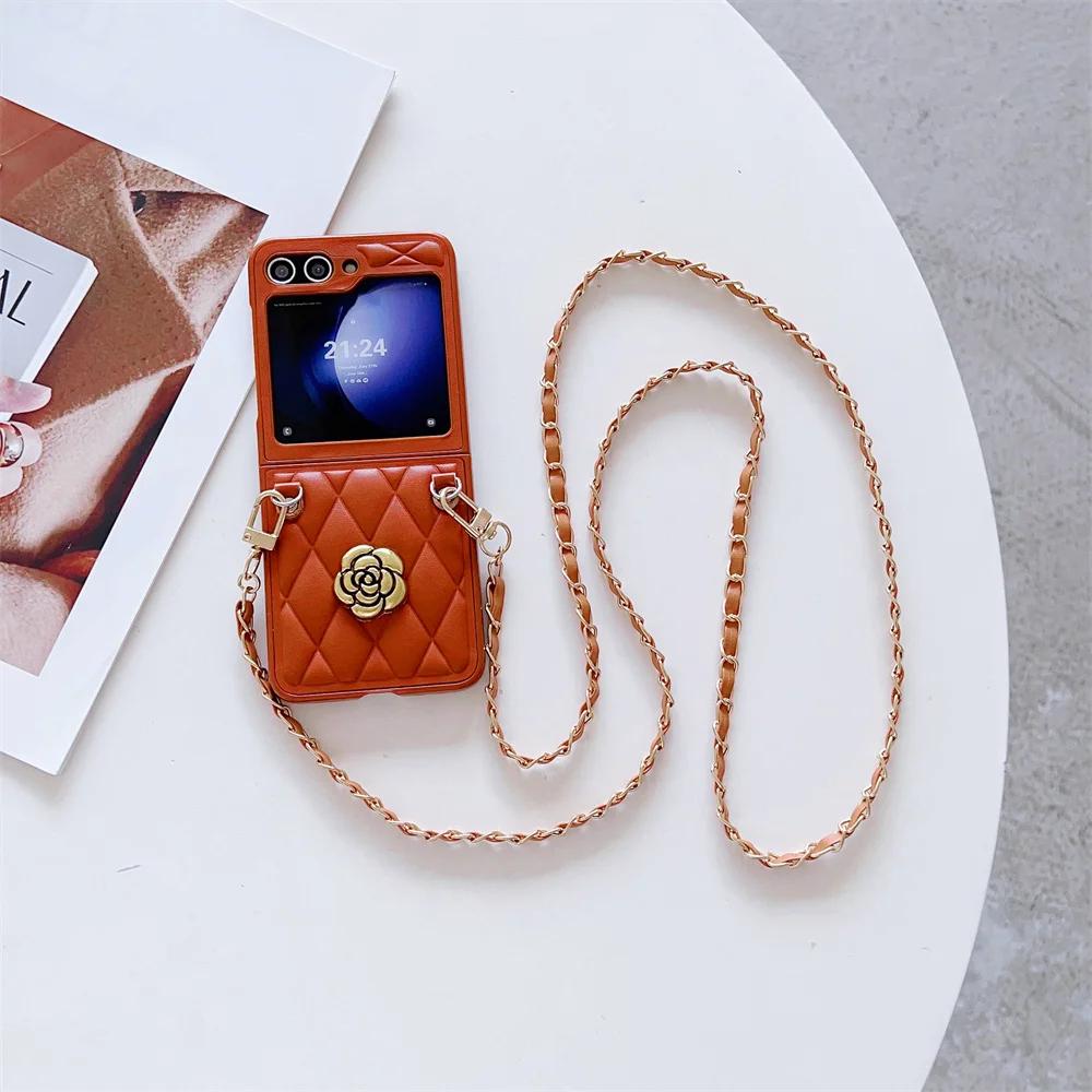 Crossboby Phone Case for Samsung Galaxy Z Flip 6 5 4 3 Flip5 Flip4 Flip3 5G Chain Cord Rope Strap Protective Shockproof Cover