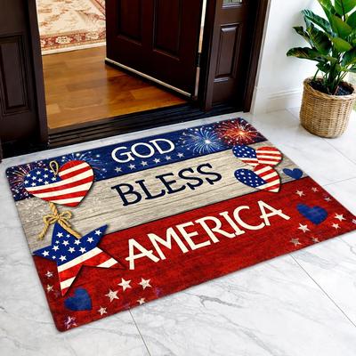 God Bless America Independence Day Doormat, American Flag Heart Star Pattern Floor Mat, Non - Slip Wear