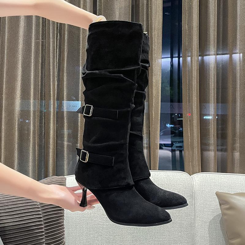 

Женские ботильоны-скинни на остром высоком каблуке, новая осенняя модель 2025 года, хаки из замши с напуском, ботфорты в рыцарском стиле на тонком каблуке 40 чёрный
