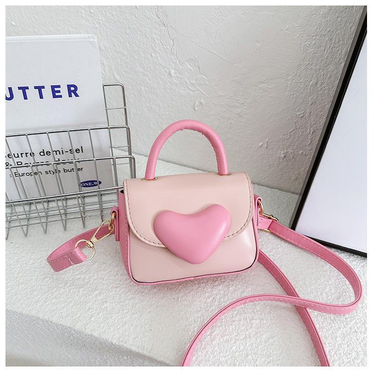 

Heart Blocking Color Shaped Buckle Leather Children Shoulder Bag For Use Daily Pink