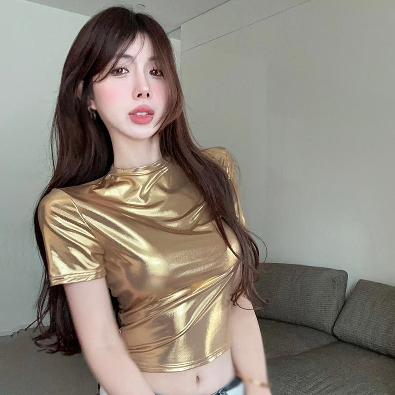 Women Metallic Glossy Half-Neck Slim Crop Top Short Sleeve T-Shirt