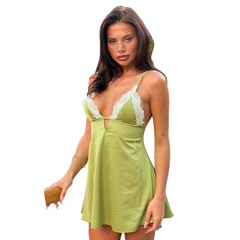 European and American women's clothing summer new solid color sleeveless simulation silk lace suspender mini dress