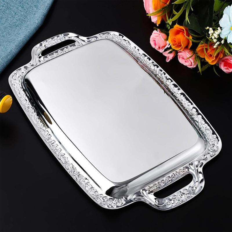 Luxury Stainless Steel Storage Tray with Handle Cosmetic Jewelry Display Plate Hotel Restaurant Serving Dish Silver