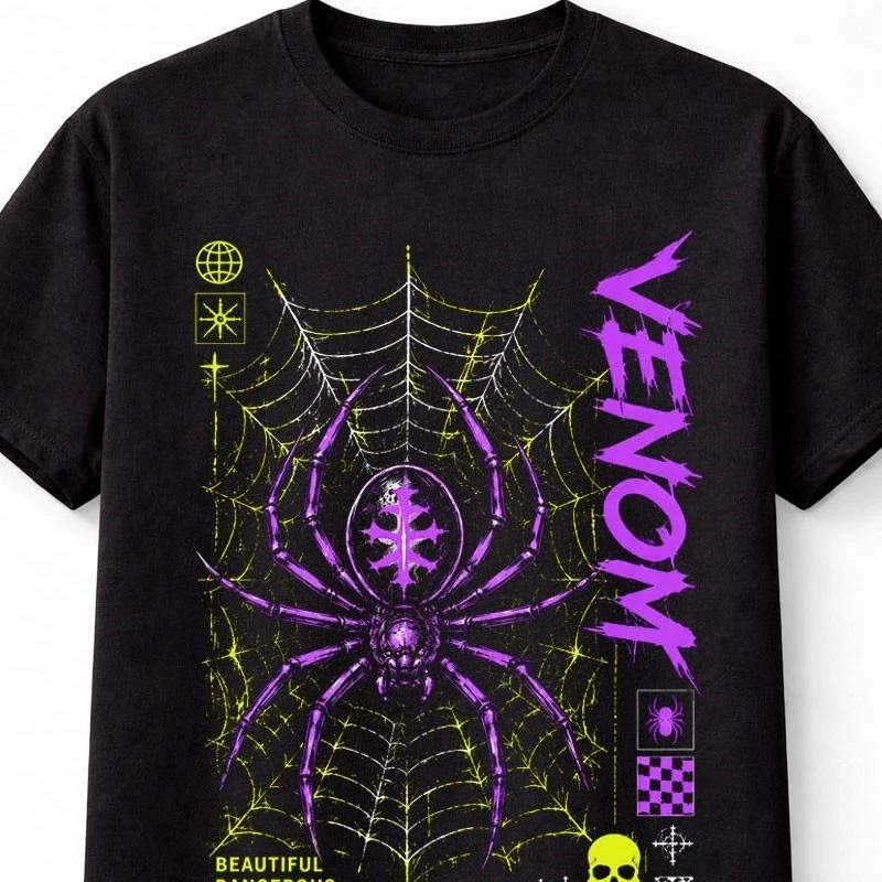 Venom Spider Web Gothic Horror Skull Graphic Black Unisex TShirt S