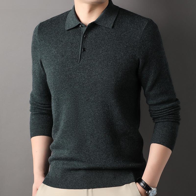 Spring and Autumn Cardigan Men's Lapel Sweater 100 Pure Wool Sweater Bottoming Shirt Dad Top Men's Clothing