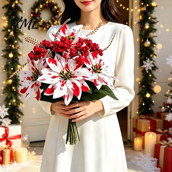 Artificial Dieffenbachia Plants Poinsettia Flowers, Christmas Fake Floral Berry Centerpiece, Fade-Resistant Life Like Indoor Greenery Red And
