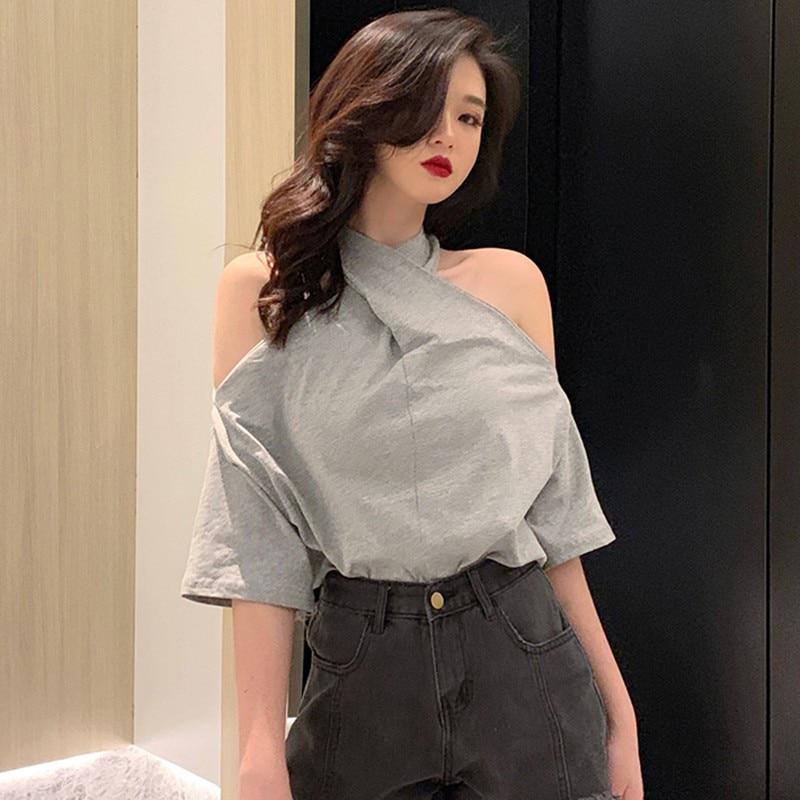 Damen T-Shirt Tanktops einfarbig Hängender Hals Kurzarm Damen Camis Kleidung Sexy Elegant Party