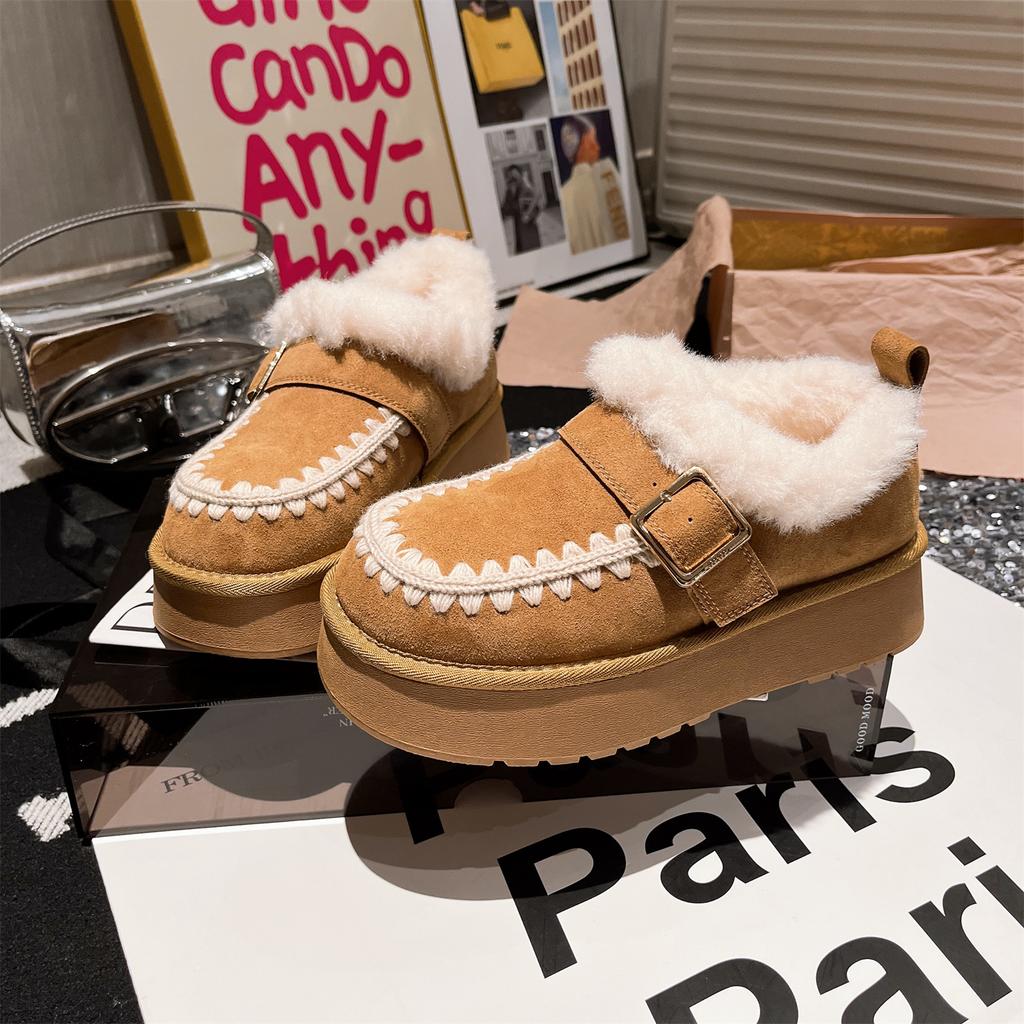 Leather lamb wool shoes metal buckle square head velvet cotton ladyshoes one pedal snow cotton muffin women's shoes tide