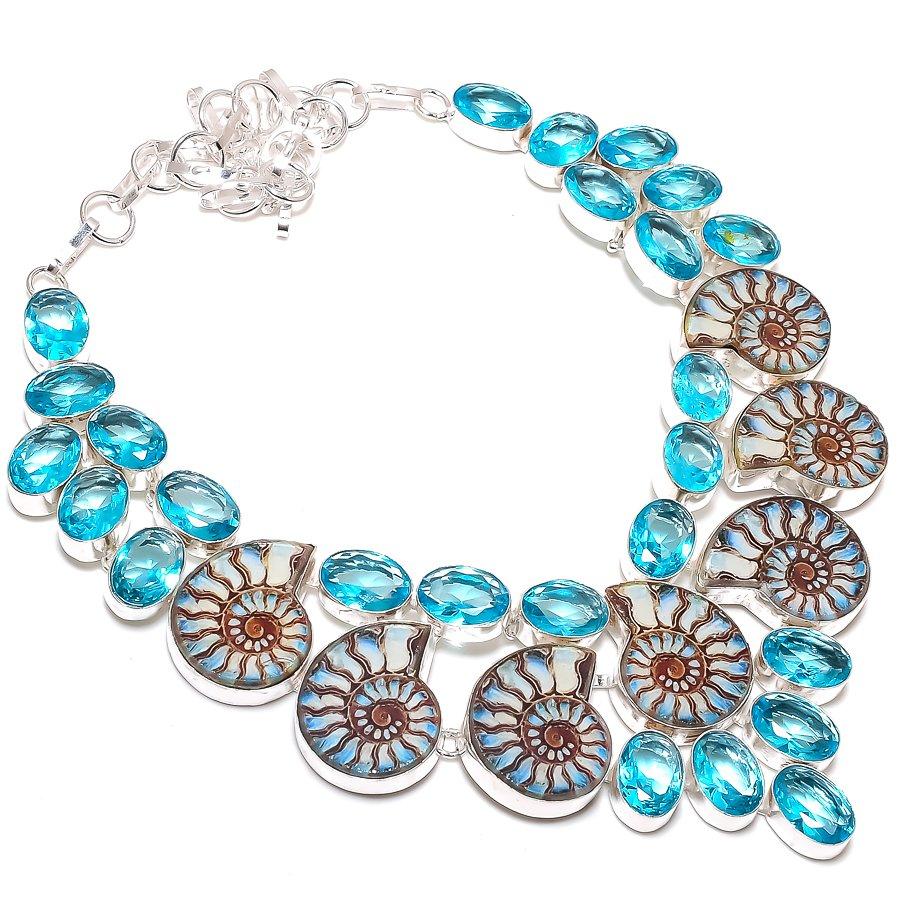 

Ископаемый аммонит, драгоценный камень топаз, ювелирное изделие из стерлингового серебра 925 пробы, ожерелье 18