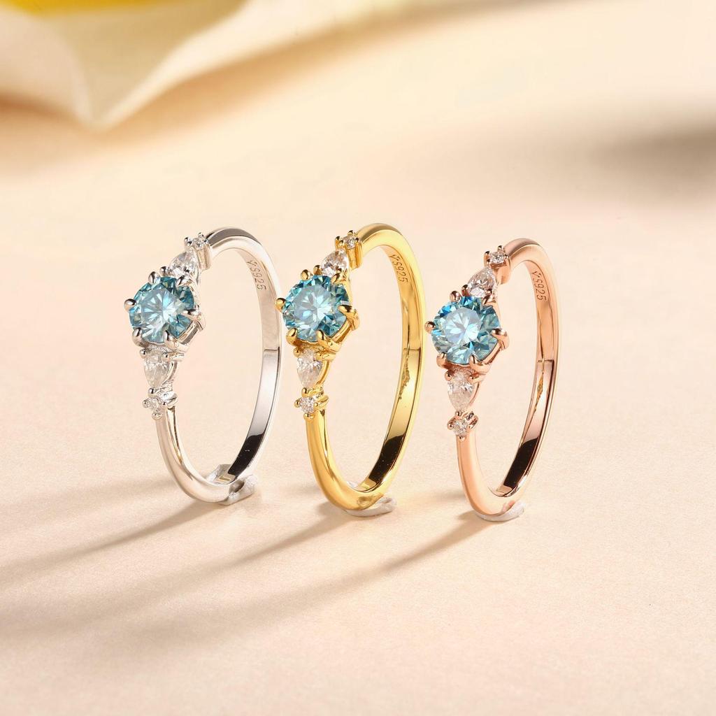 Blue Moissanite and Small Diamond Pave Ring In 925 Silver - Women's Light Luxury Gemstone Index Ring