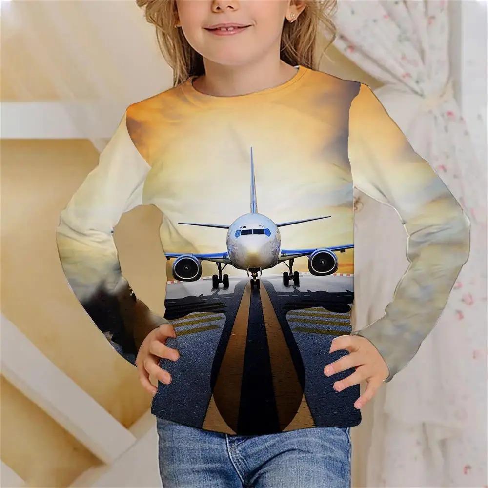 Children's Airplane 3D Digital Printing Girl Fun and Fashionable Round Neck Long Sleeved T-shirt