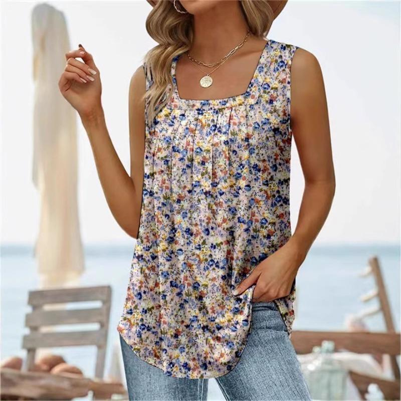 

Plus Size Women s Bohemian Vest Flower Print Sleeveless Square Neck Camisole Suitable Date Women s Summer Top XXL