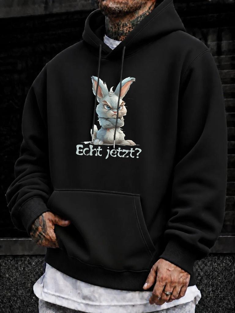 unisex Hoodie, Casual Daily Wear, Funny Rabbit Graphic with Echt Jetzt Text, Pullover Sweatshirt, Streetwear Style, Autumn Winter Season, Front Pocket