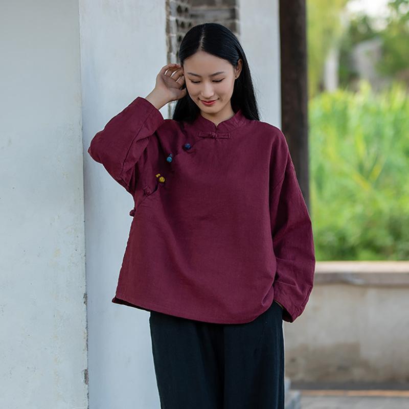 Damen Vintage Baumwolle Leinen Hemden und Oberteile Stehkragen Langarm Frühling Chinesischer Stil Knopf Locker Blusen Hemden