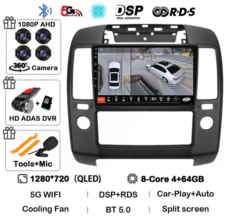 Android 14 Carplay Auto Car Radio For Nissan Navara 3 D40 2004 2005 2006 2007 2008-2010 Multimedia Player GPS 4G WIFI 360 Camera