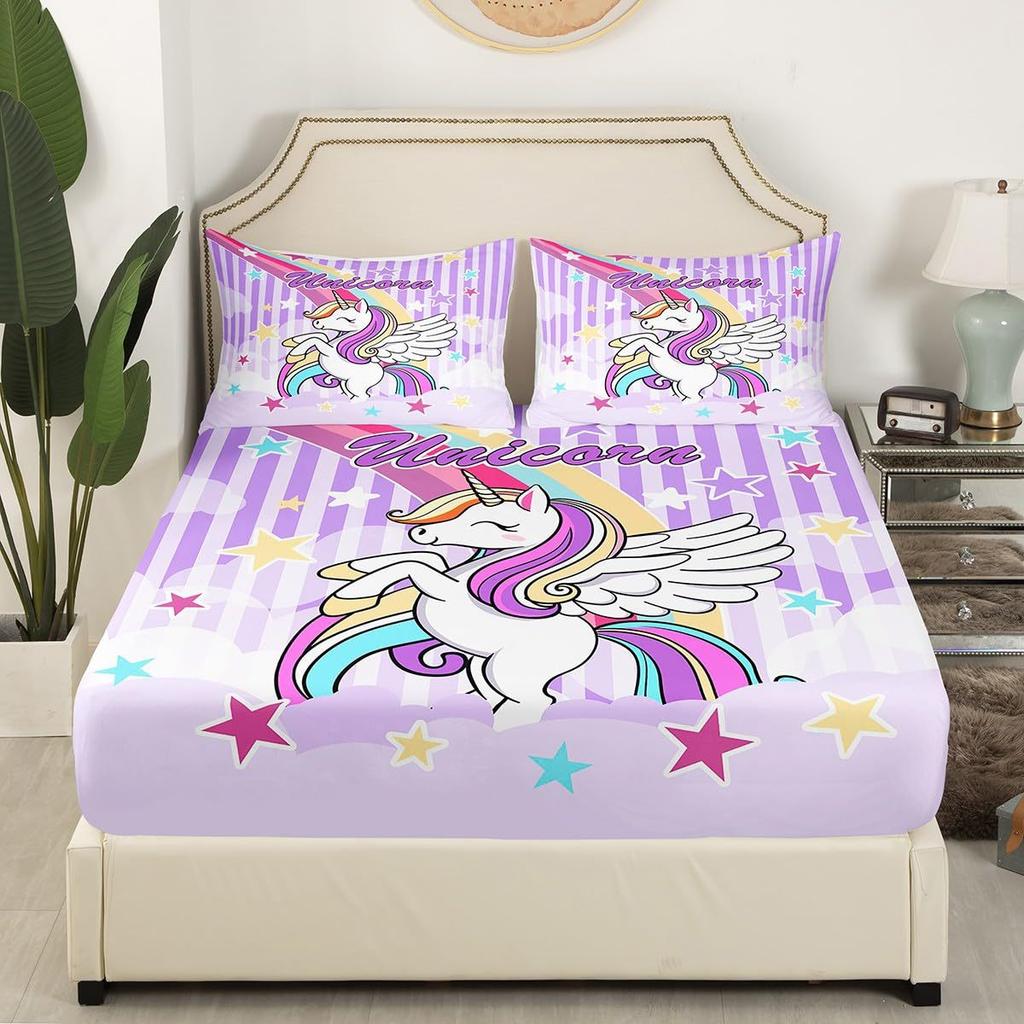 Cartoon Unicorn Pattern Mattress Three-Piece Digital Printing Mattress Bedding Set Adult Children