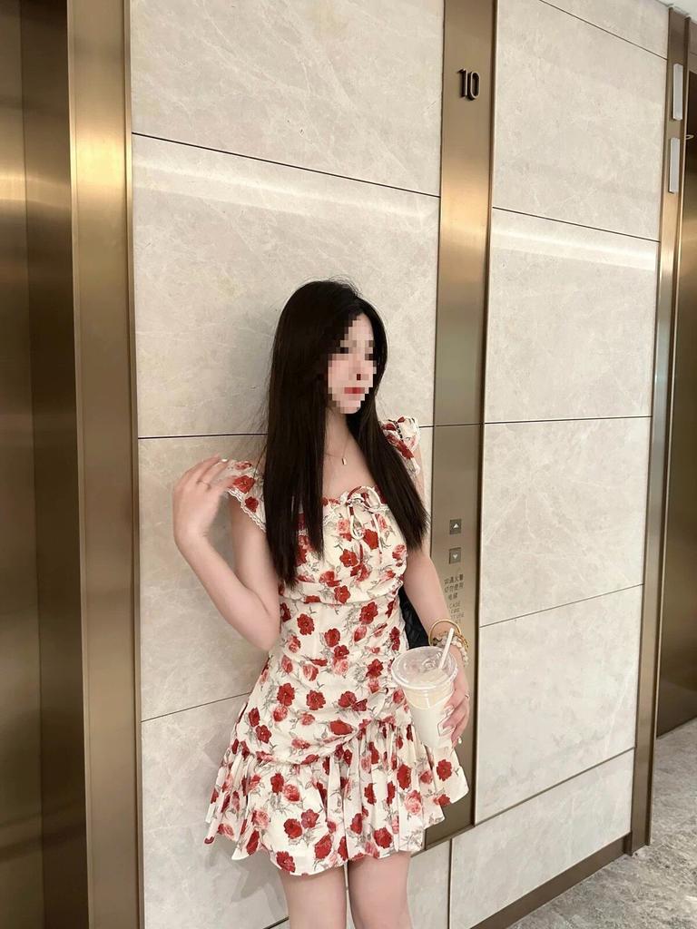 French retro seaside vacation red print floral dress waist sweet summer wind super beautiful women's short skirt