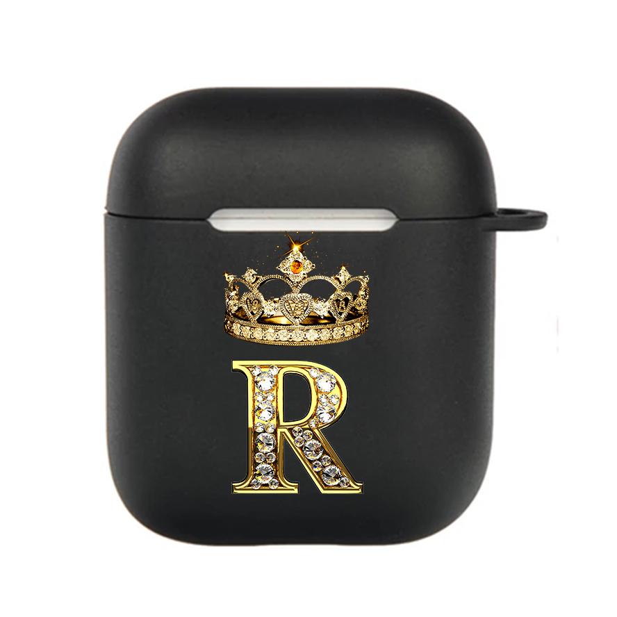 Diamond Crown Letter 26 With Hook Case For AirPods 2 3 1 Cases For Apple AirPods Pro 2 Coque Black TPU Soft Earphone Cover
