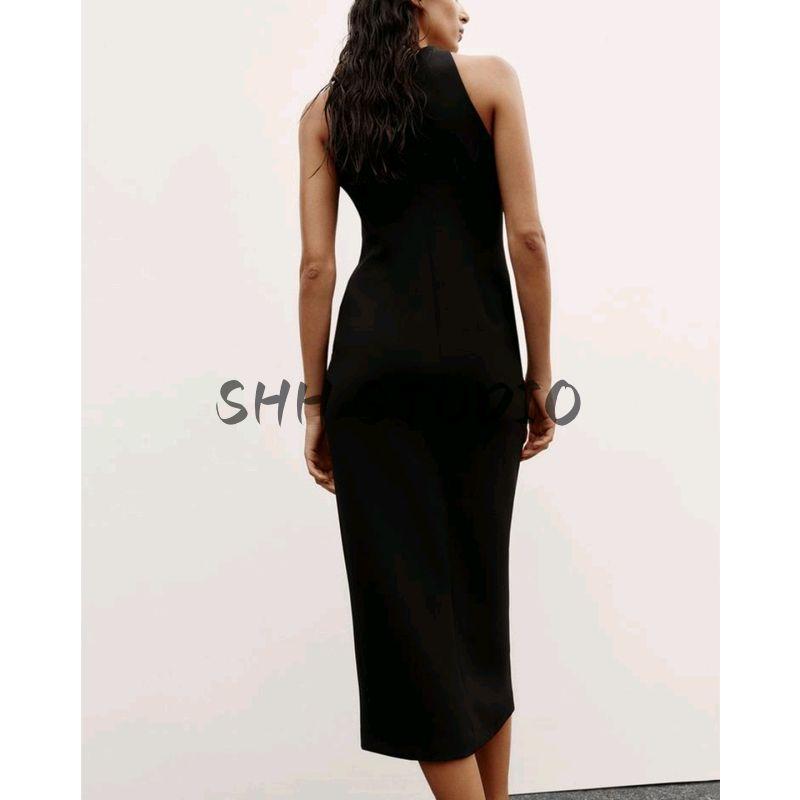 Summer Women Clothes Casual Style Round Neck Sleeveless Gold-Plated Layer Decorated Row Button Crepe Midi Dress 3897108