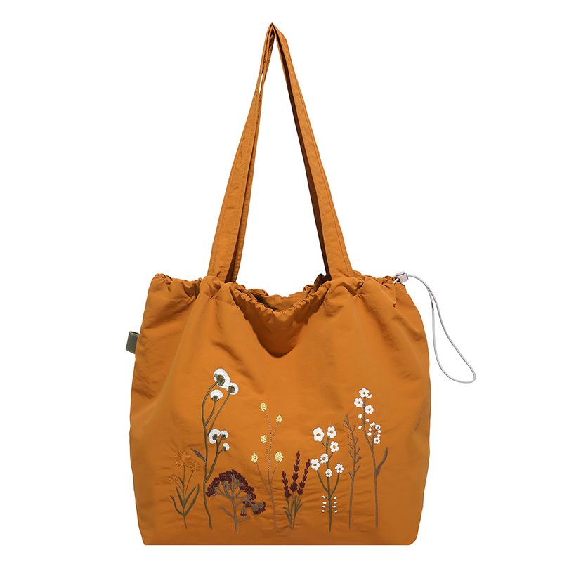 Thickened~ Vintage Nylon Tote Bag Large Capacity Embroidered Shoulder Bundle Mouth Bag Student Class Commuter Bag