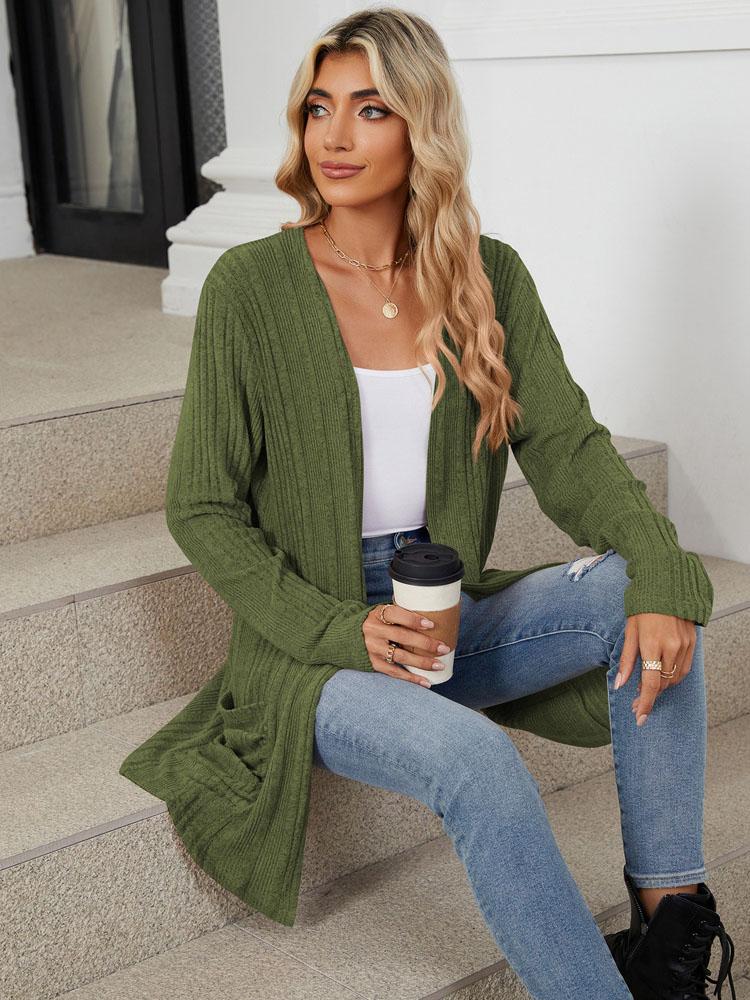 Autumn and Winter New Pit Stripes Long-sleeved Pockets Casual Solid Color Cardigan Jacket Long Cardigan Women Tops Kawaii Sweater