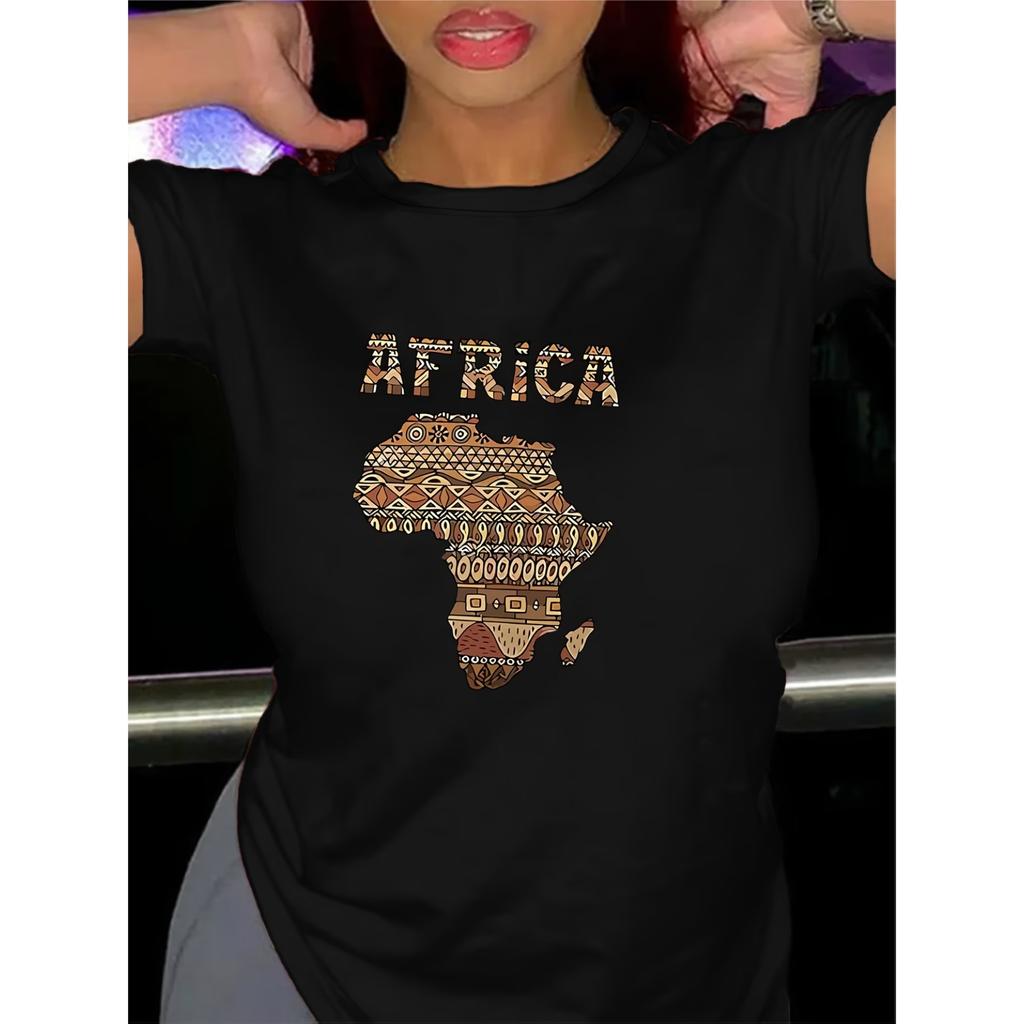 Ladies' Short-Sleeve T-Shirt with AFRICA Print, Featuring A Round Neck and Casual Style, Perfect for Summer Wear