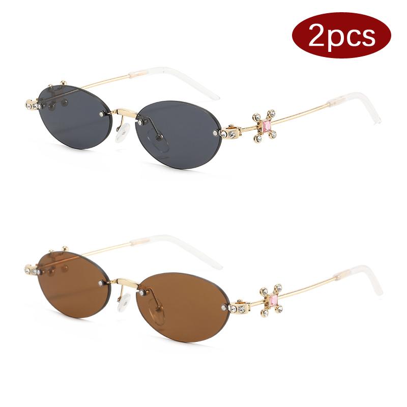 

2Pcs Classic Frameless Small Frame Oval Sunglasses New Women Trimmed Diamond Sun Glasses High Fashion Versatile Eyeglasses