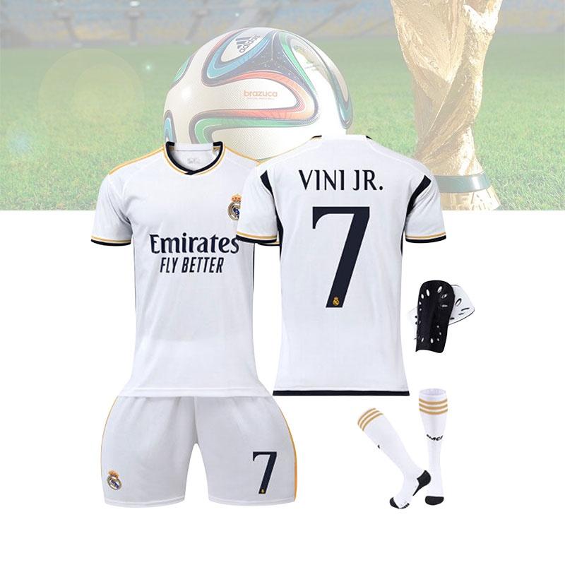 High-quality Real Madrid Home 7 Vini.jr Soccer Apparel Set Polyester Fiber Fabric Shirt Pants Socks And Protective Gear