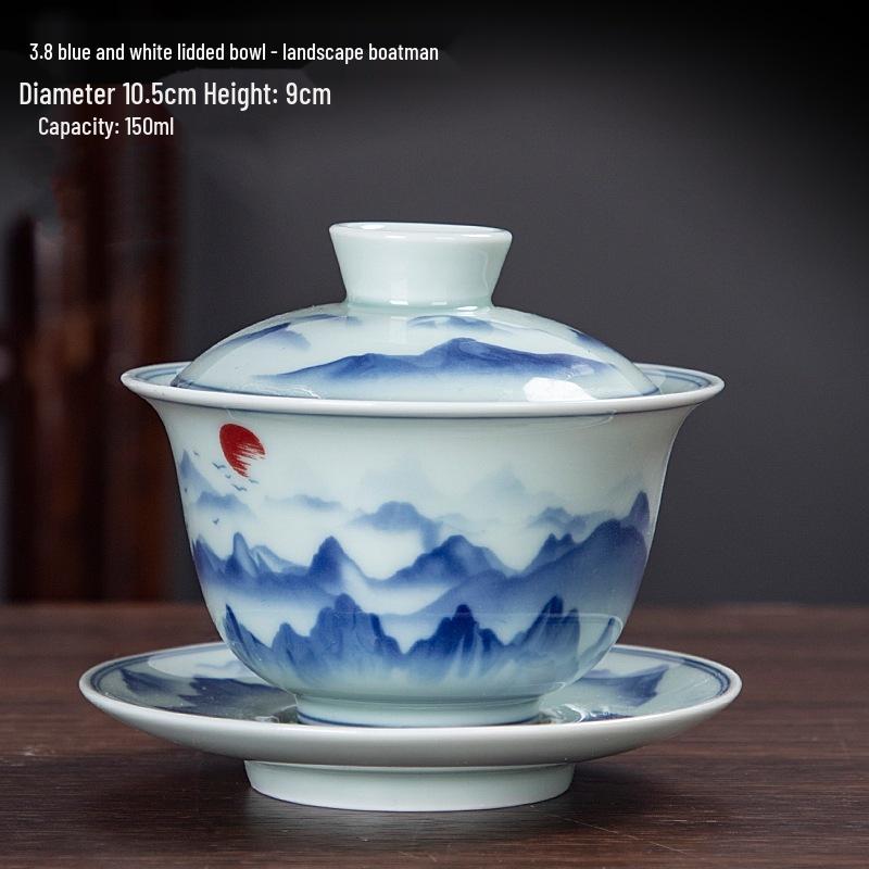 Large Blue & White Retro Sancai Gaiwan Ceramic Tea Cup with Infuser - Kung Fu Tea Set