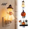 Halloween Home Decor Pumpkin Ghost Night Light with Witch Hat, Resin Soft Glow Corridor Lamp Plug-in LED Bedroom Light, Spooky Wall Sconce for Party