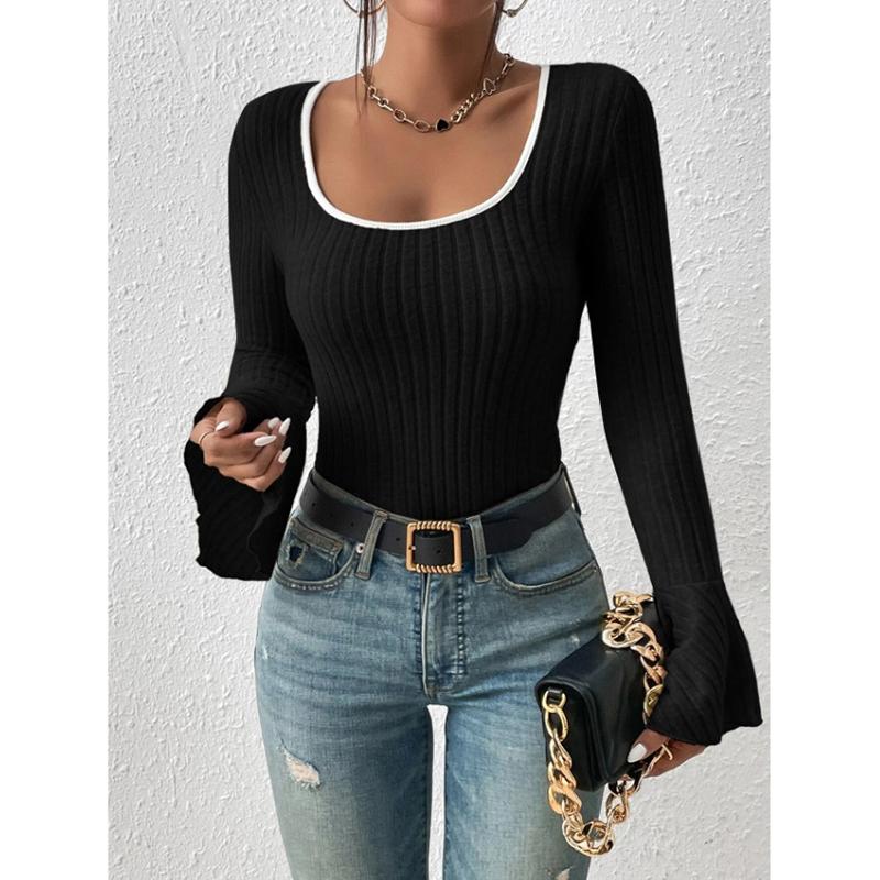 

Осенние футболки Женские Повседневные Однотонные В рубчик С длинными рукавами-клеш Квадратный вырез Облегающие Базовые футболки XXL чёрный