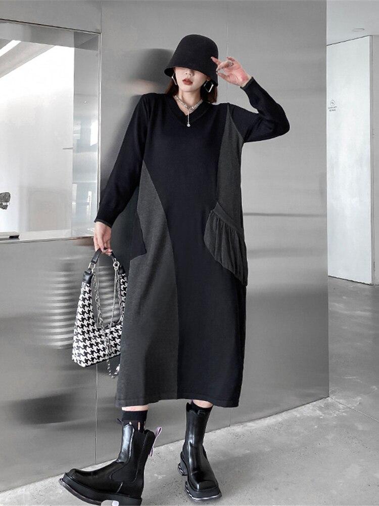 Xitao Vintage šaty Móda Patchwork Hit Barva Plisovaný Menšinový pulovr Volné Elegantní šaty WLD13285