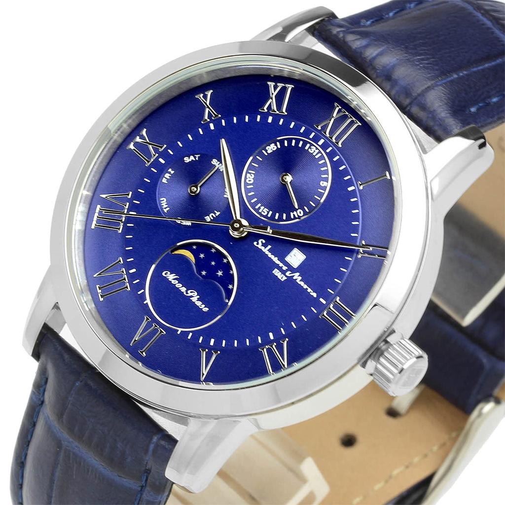 Salvatore Marra Men's Limited Edition Silver/Blue Watch, Moon Phase, Multi-Calendar, 5 ATM Water Resistance, Leather Strap, Silver/Blue, SM21106-SSBL