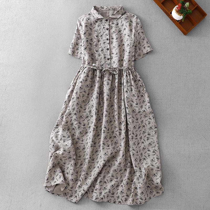

Floral Cotton Linen Midi Dress with Short Sleeves and Doll Collar Double Extra Large