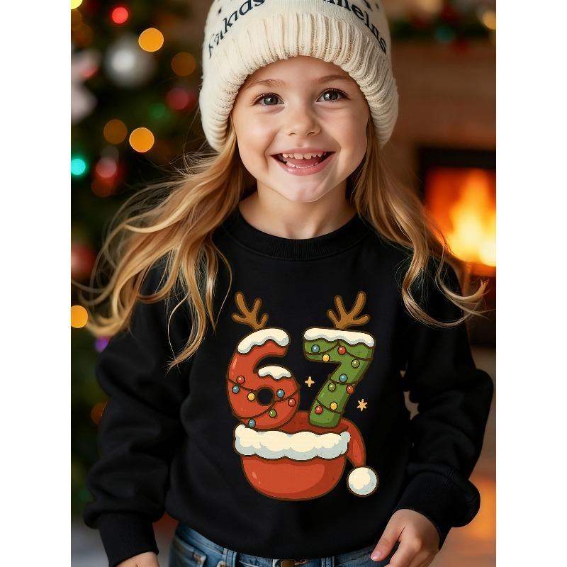 Unisex Kids Black Crewneck Sweatshirt For 4-12 Boys Girls Christmas Reindeer Antler Santa Hat Number 67 Light Star Print Soft Long Sleeve Pullover