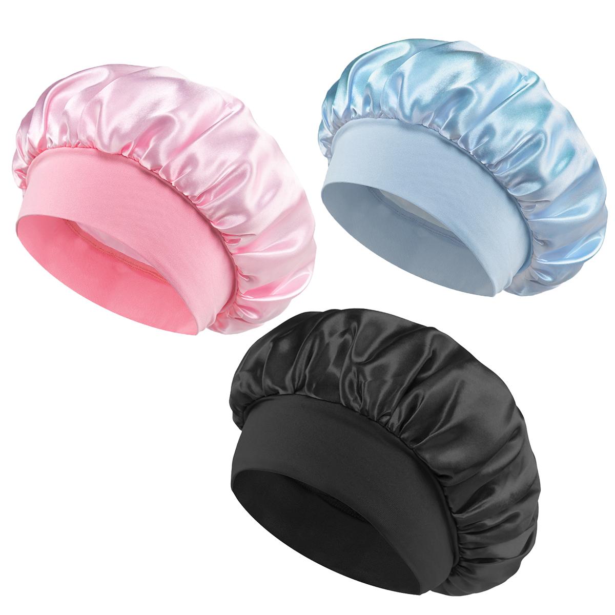 

3 шт. Женская однотонная атласная широкополая шапочка для душа, подходит для ежедневного использования, шелковая шапочка, атласная шапочка