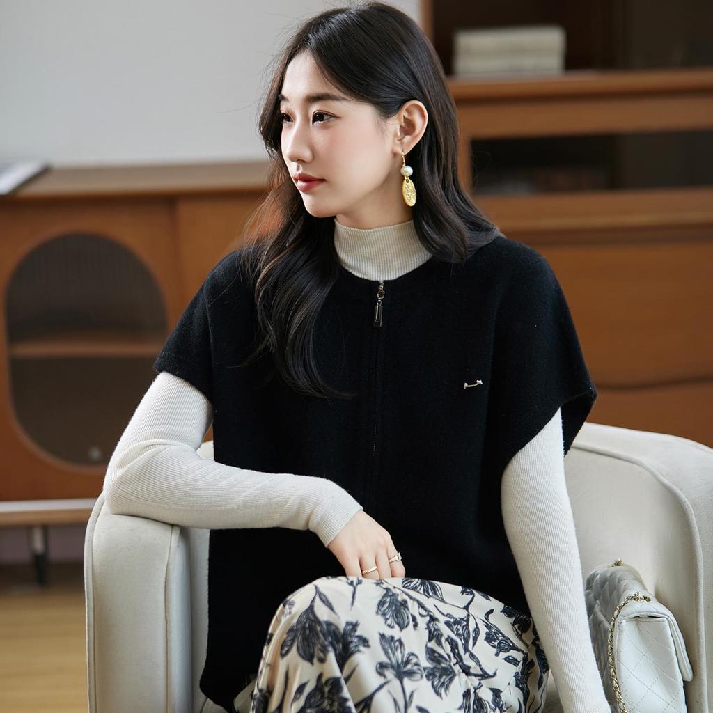 Women's Pure Wool Knit Vest Cardigan - Round Neck, Drop Shoulder, Loose Fit, Sleeveless, Zipper Jacket