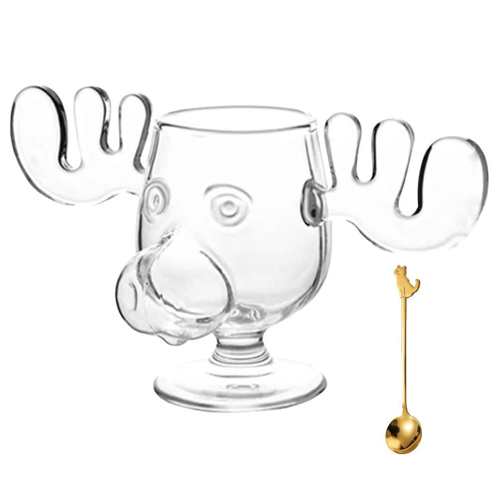 Christmas Moose Mug with Cat Spoon 240ml Glass Cup Creative Xmas Elk Drinkware for Wine Beer Juice Holiday Gift