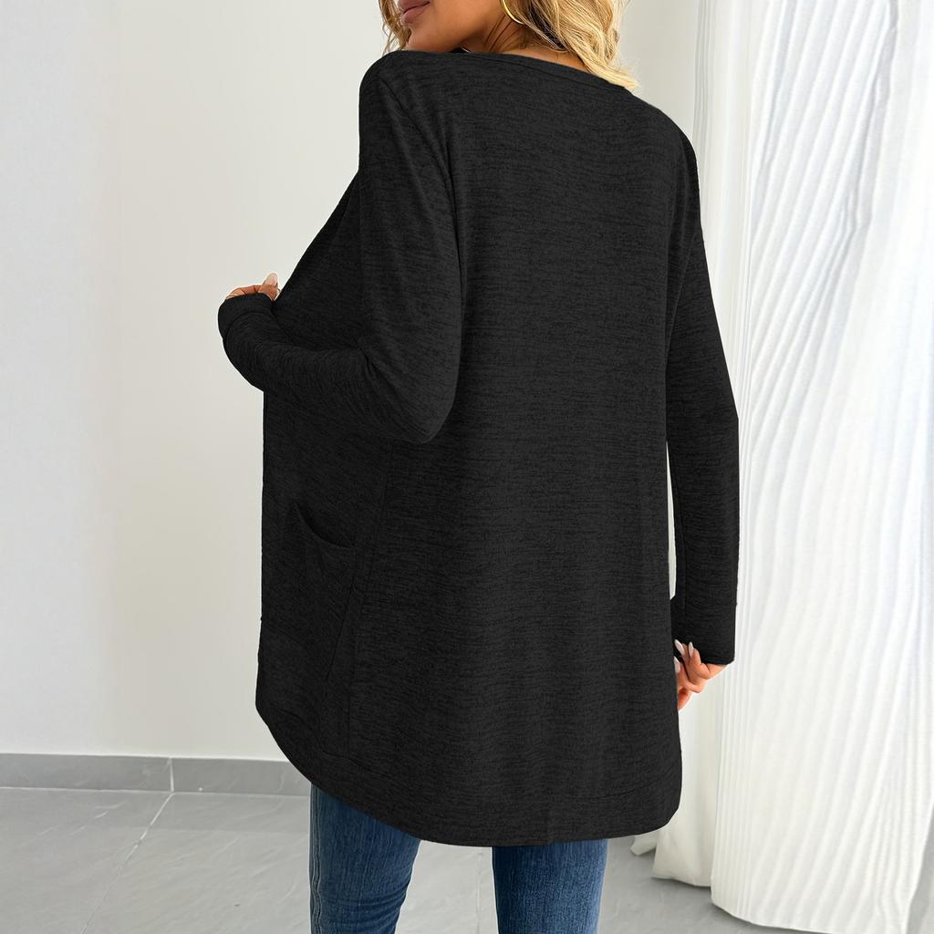 Women's Fashion Solid-color Loose Long-sleeved Pocket Cardigan Top